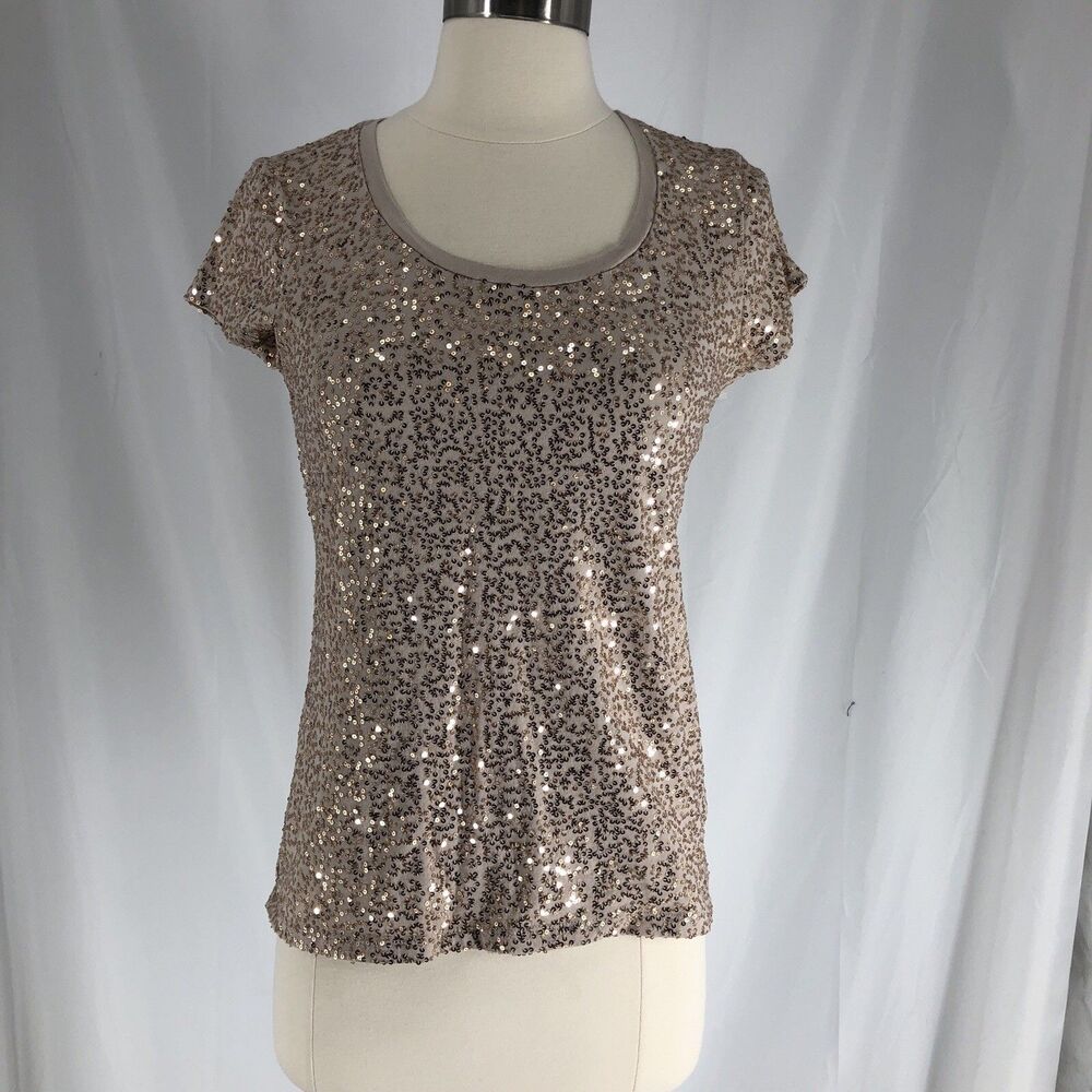 Calvin Klein Rosegold Sequin Embellished Short Sleeve T Shirt Tee Top Size S